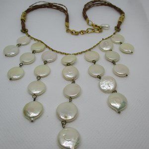 Genuine FRESH WATER COIN Pearl Bib Necklace Real Pearls Strung On GoldTone Chain